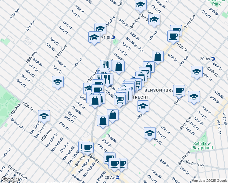 map of restaurants, bars, coffee shops, grocery stores, and more near 1729 76th Street in Brooklyn