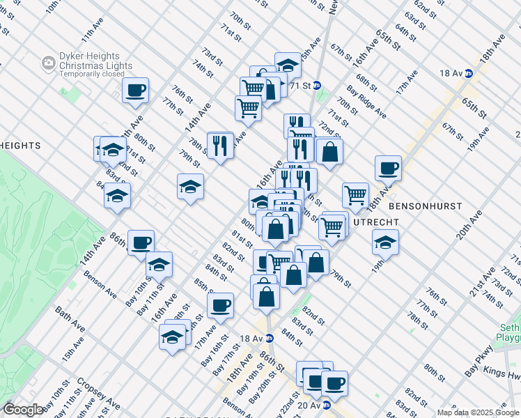 map of restaurants, bars, coffee shops, grocery stores, and more near 1615 79th Street in Brooklyn