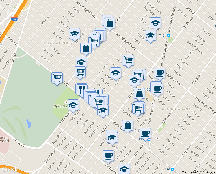 map of restaurants, bars, coffee shops, grocery stores, and more near 1447 83rd Street in Brooklyn