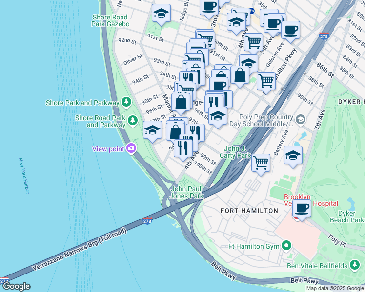 map of restaurants, bars, coffee shops, grocery stores, and more near 329 99th Street in Brooklyn