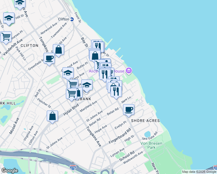 map of restaurants, bars, coffee shops, grocery stores, and more near in Staten Island