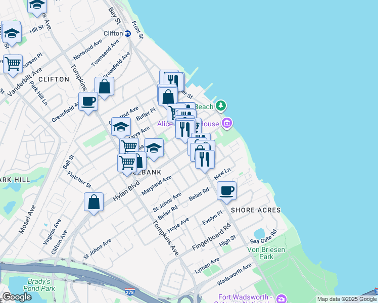 map of restaurants, bars, coffee shops, grocery stores, and more near in Staten Island