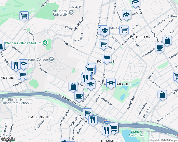 map of restaurants, bars, coffee shops, grocery stores, and more near 1032 Van Duzer Street in Staten Island