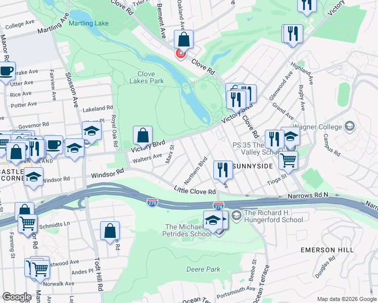 map of restaurants, bars, coffee shops, grocery stores, and more near 34 Renwick Avenue in Staten Island