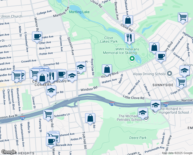 map of restaurants, bars, coffee shops, grocery stores, and more near 1518 Victory Boulevard in Staten Island
