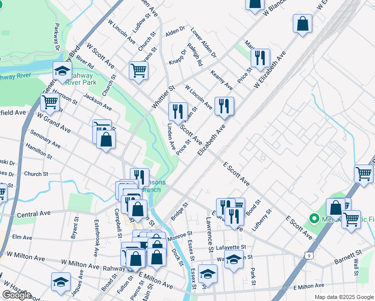 map of restaurants, bars, coffee shops, grocery stores, and more near 120 West Scott Avenue in Rahway