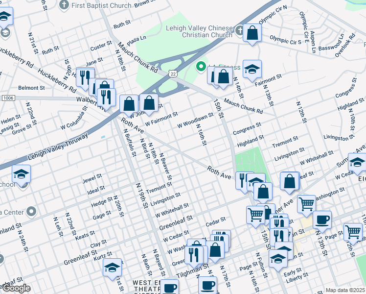 map of restaurants, bars, coffee shops, grocery stores, and more near 1629 Congress Street in Allentown