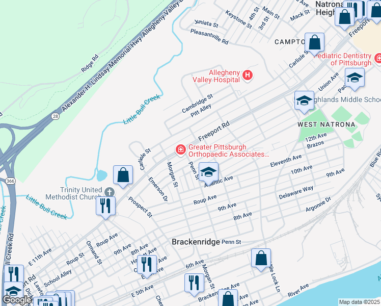 map of restaurants, bars, coffee shops, grocery stores, and more near 1058 Broadview Boulevard in Brackenridge