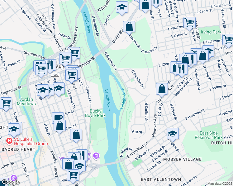 map of restaurants, bars, coffee shops, grocery stores, and more near 16 Adams Island in Allentown