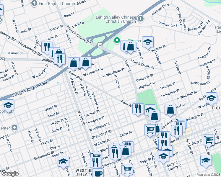 map of restaurants, bars, coffee shops, grocery stores, and more near 1629 Congress Street in Allentown