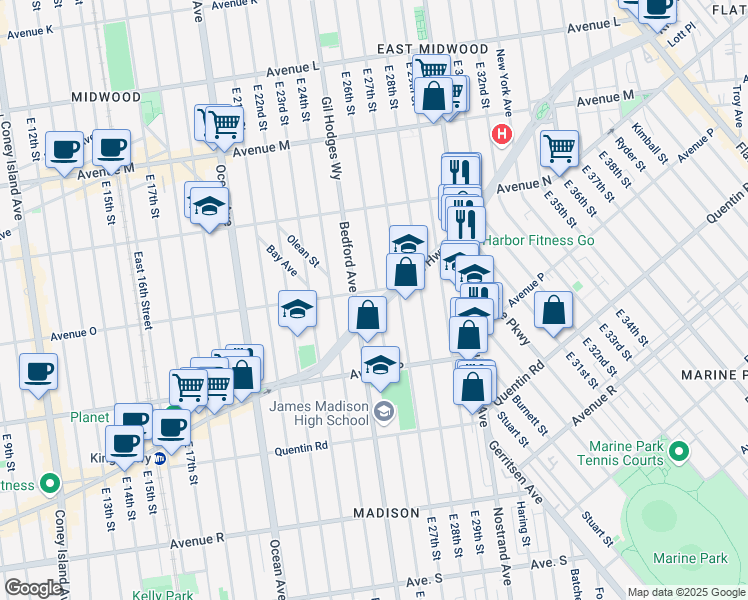map of restaurants, bars, coffee shops, grocery stores, and more near 2525 Kings Highway in Brooklyn