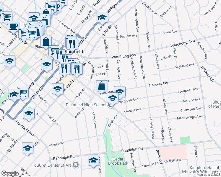 map of restaurants, bars, coffee shops, grocery stores, and more near 947 Prospect Avenue in Plainfield