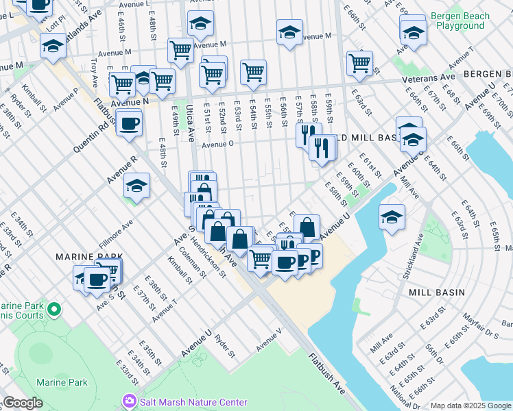 map of restaurants, bars, coffee shops, grocery stores, and more near 1821 East 53rd Street in Brooklyn