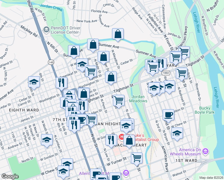 map of restaurants, bars, coffee shops, grocery stores, and more near 708 North Jordan Street in Allentown