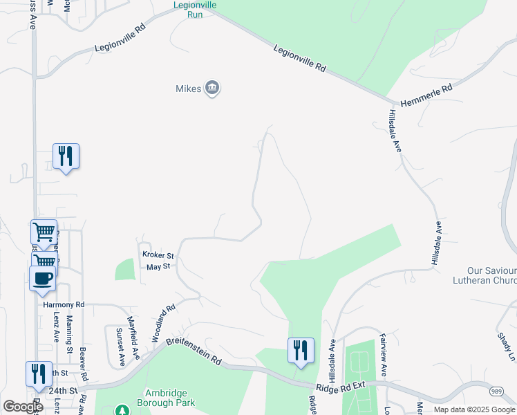 map of restaurants, bars, coffee shops, grocery stores, and more near 3072 Woodland Road in Ambridge