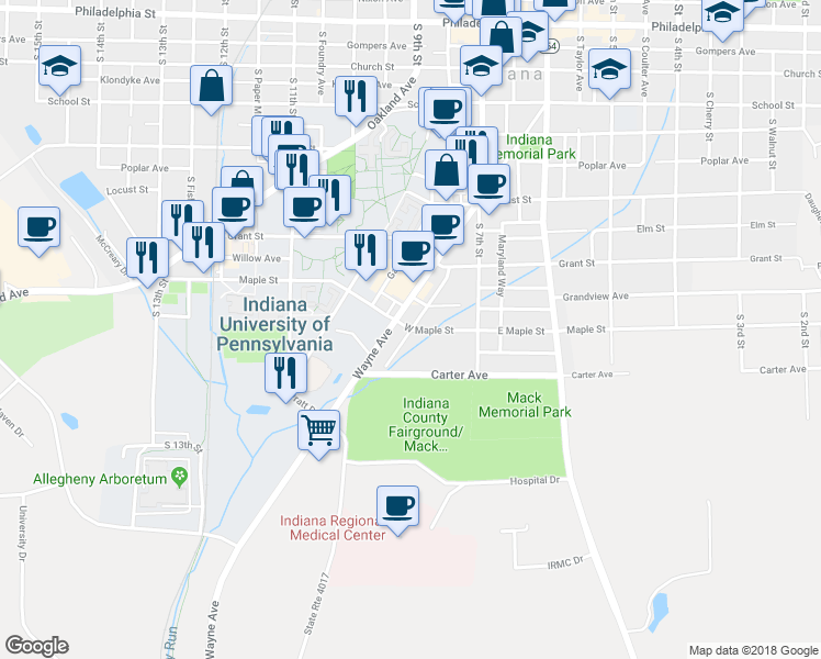 map of restaurants, bars, coffee shops, grocery stores, and more near 785 West Maple Street in Indiana