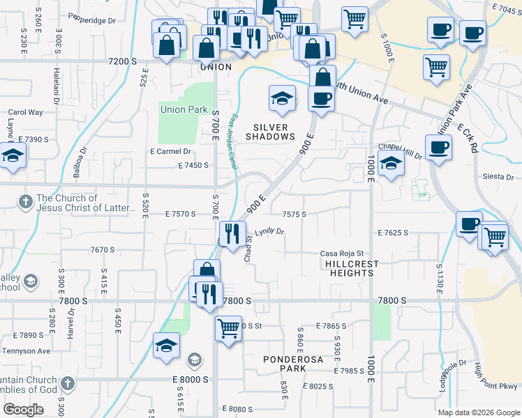 map of restaurants, bars, coffee shops, grocery stores, and more near 791 Casa Blanca Circle in Midvale