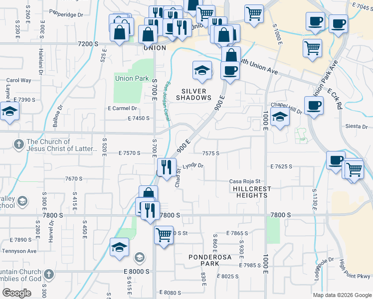 map of restaurants, bars, coffee shops, grocery stores, and more near 791 Casa Blanca Circle in Midvale