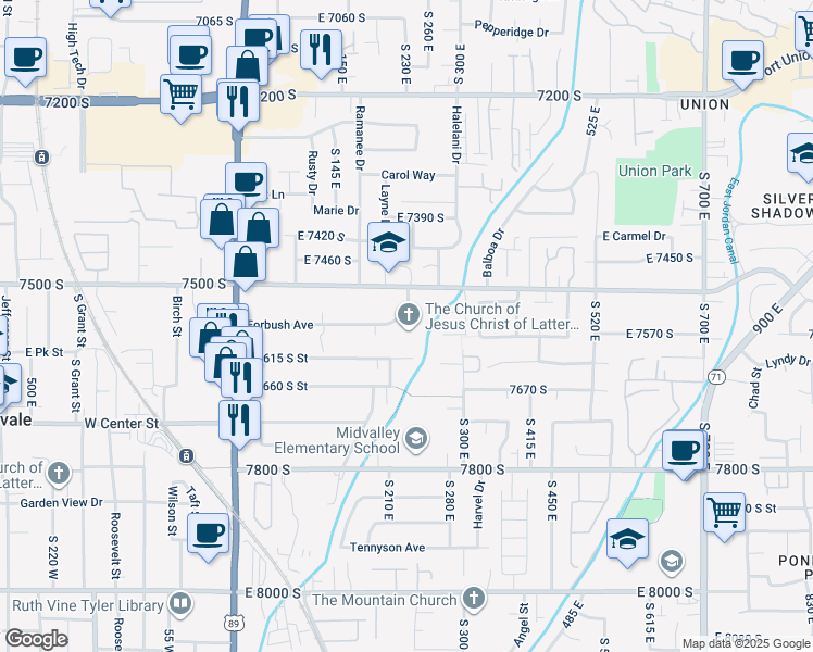 map of restaurants, bars, coffee shops, grocery stores, and more near 240 Greenwood Circle in Midvale