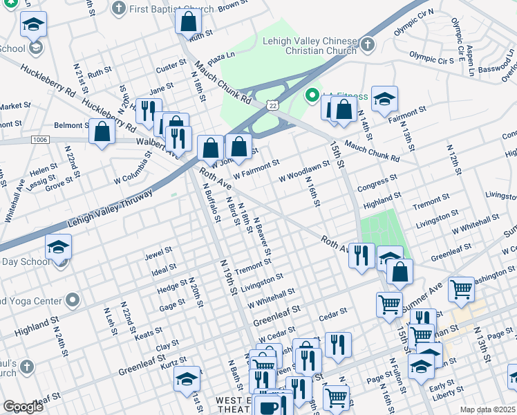 map of restaurants, bars, coffee shops, grocery stores, and more near 1730 Pennsylvania Street in Allentown