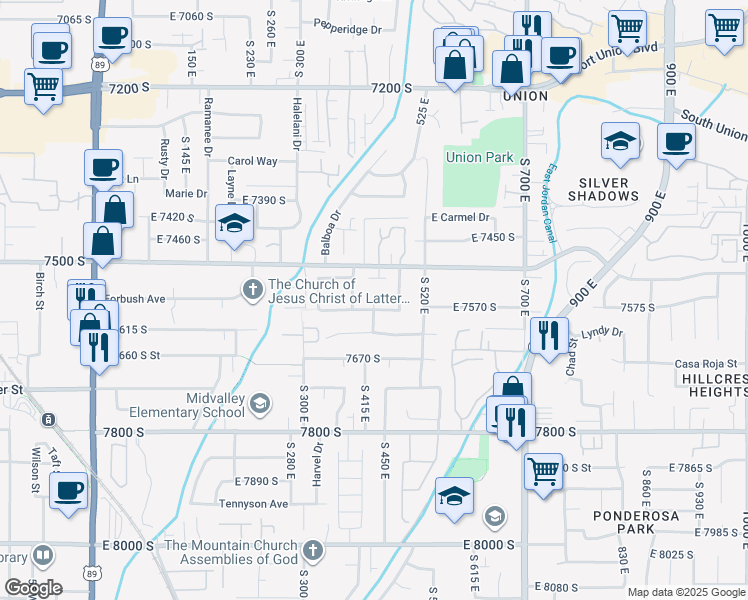 map of restaurants, bars, coffee shops, grocery stores, and more near 5766 Sandy Woods Circle in Midvale