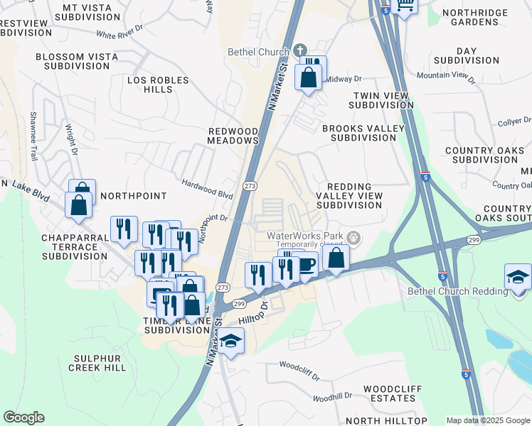map of restaurants, bars, coffee shops, grocery stores, and more near 485 Twin View Boulevard in Redding