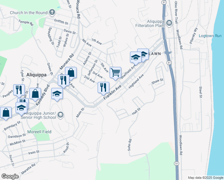 map of restaurants, bars, coffee shops, grocery stores, and more near 666 Franklin Avenue in Aliquippa