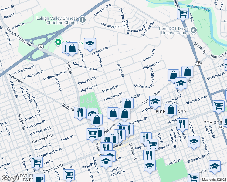 map of restaurants, bars, coffee shops, grocery stores, and more near 1013 North 13th Street in Allentown