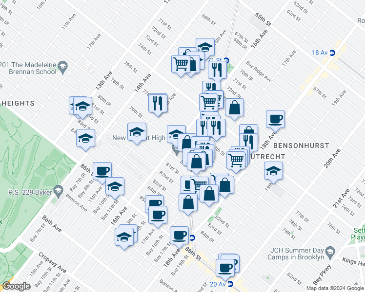 map of restaurants, bars, coffee shops, grocery stores, and more near 1615 79th Street in Brooklyn