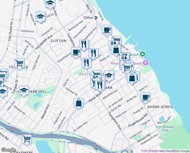 map of restaurants, bars, coffee shops, grocery stores, and more near 132 Saint Marys Avenue in Staten Island