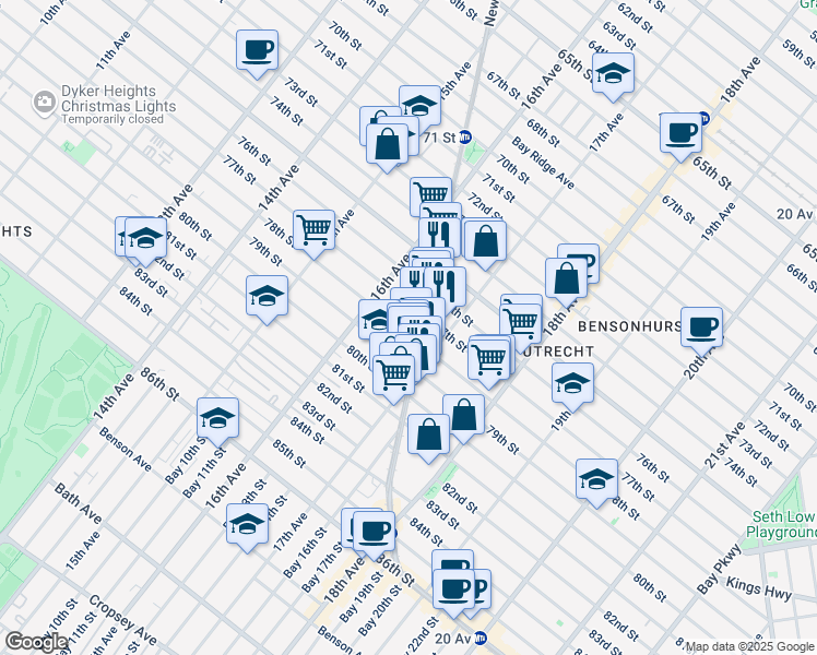 map of restaurants, bars, coffee shops, grocery stores, and more near 1655 78th Street in Brooklyn