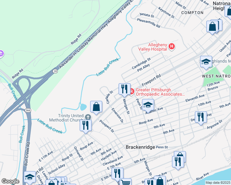 map of restaurants, bars, coffee shops, grocery stores, and more near 930 Carlisle Street in Natrona Heights