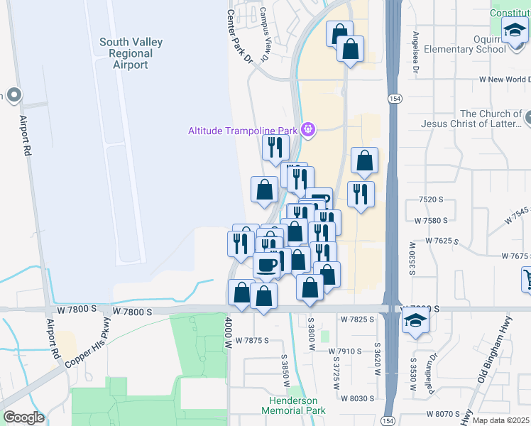 map of restaurants, bars, coffee shops, grocery stores, and more near 7555 Center View Court in West Jordan