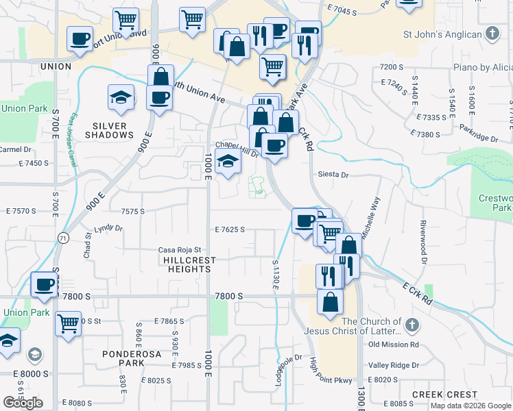 map of restaurants, bars, coffee shops, grocery stores, and more near 1091 East 7575 South in Midvale
