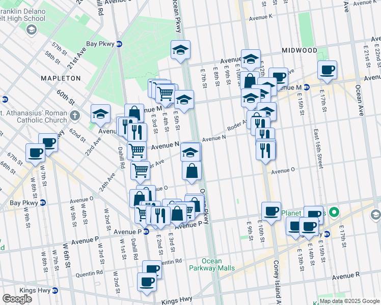 map of restaurants, bars, coffee shops, grocery stores, and more near 1420 Ocean Parkway in Brooklyn