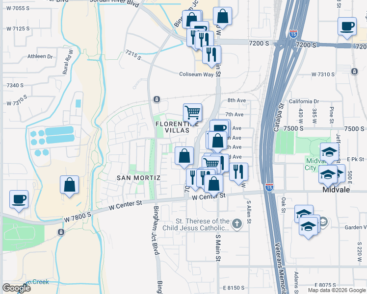 map of restaurants, bars, coffee shops, grocery stores, and more near 7534 Russi Place in Midvale
