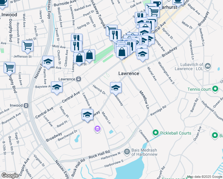 map of restaurants, bars, coffee shops, grocery stores, and more near 21 Rosalind Place in Lawrence