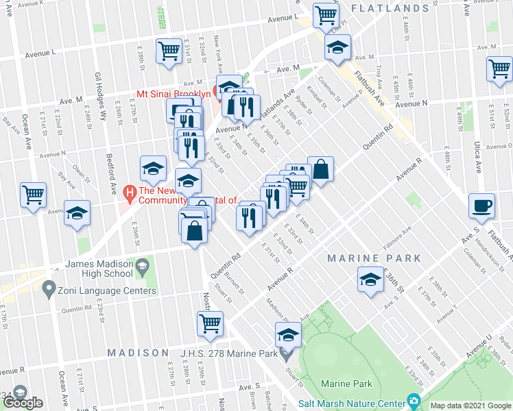 map of restaurants, bars, coffee shops, grocery stores, and more near 1621 East 32nd Street in Brooklyn