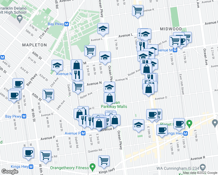 map of restaurants, bars, coffee shops, grocery stores, and more near 512 Ryder Avenue in Brooklyn