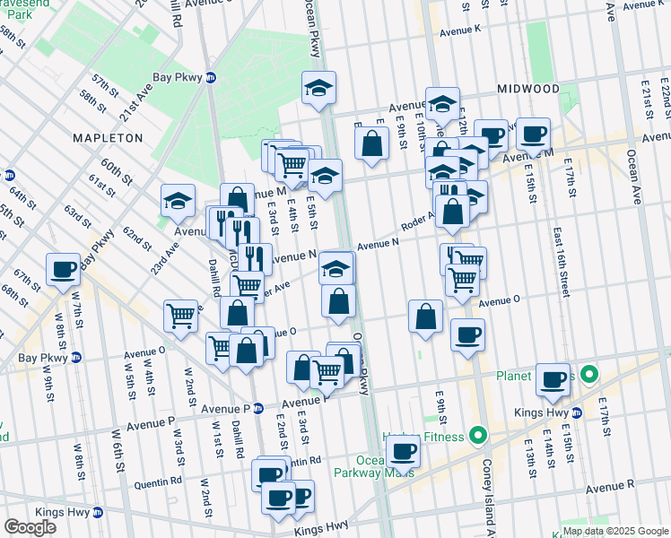map of restaurants, bars, coffee shops, grocery stores, and more near 512 Ryder Avenue in Brooklyn