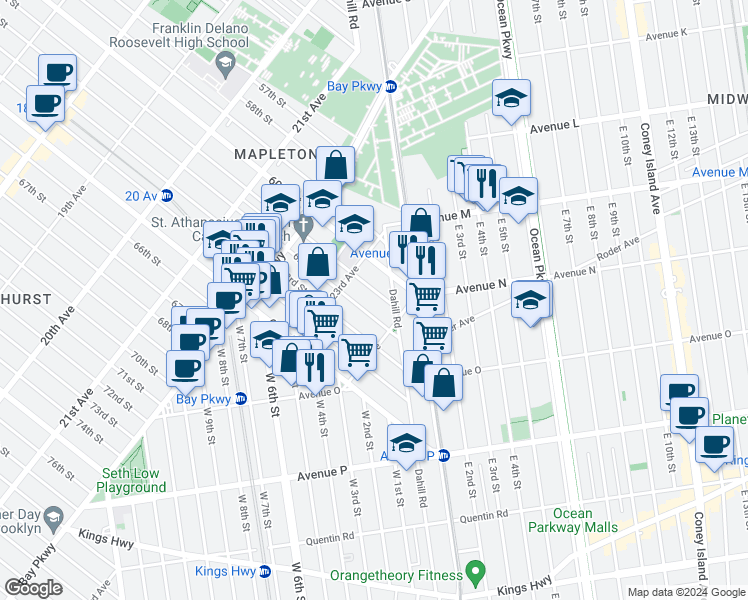 map of restaurants, bars, coffee shops, grocery stores, and more near 2356 61st Street in Brooklyn