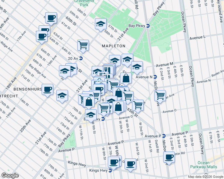 map of restaurants, bars, coffee shops, grocery stores, and more near 2225 64th Street in Brooklyn