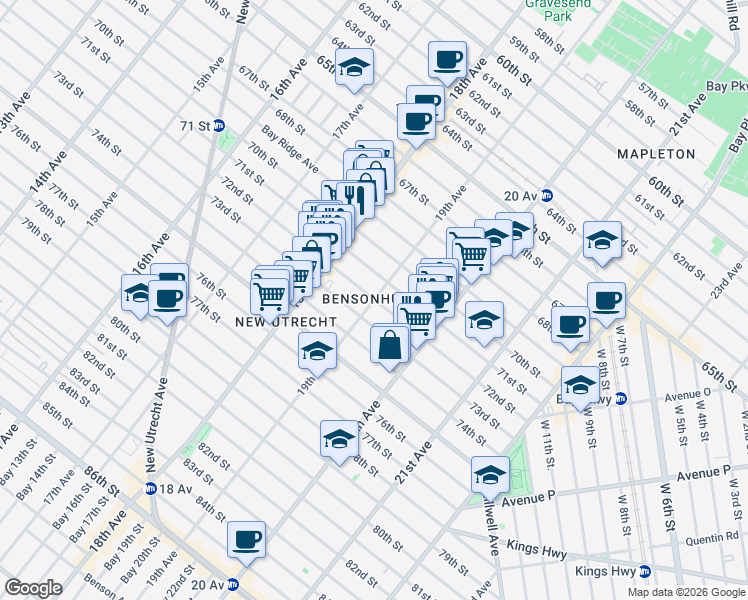 map of restaurants, bars, coffee shops, grocery stores, and more near 19th Avenue in Brooklyn