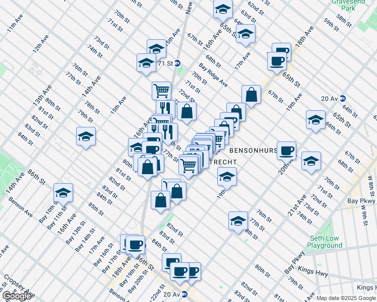 map of restaurants, bars, coffee shops, grocery stores, and more near 1729 76th Street in Brooklyn