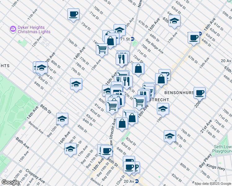 map of restaurants, bars, coffee shops, grocery stores, and more near 1655 78th Street in Brooklyn