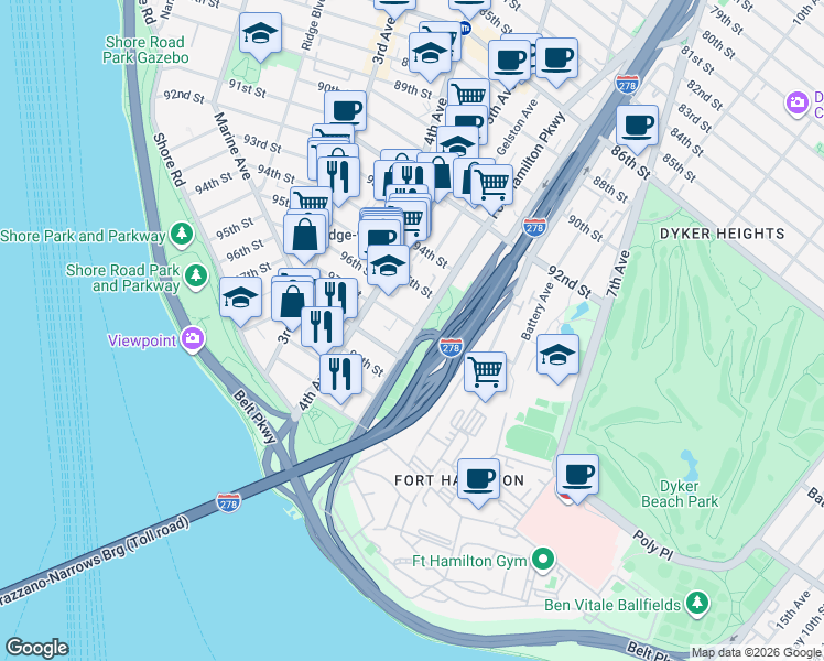 map of restaurants, bars, coffee shops, grocery stores, and more near 442 97th Street in Brooklyn