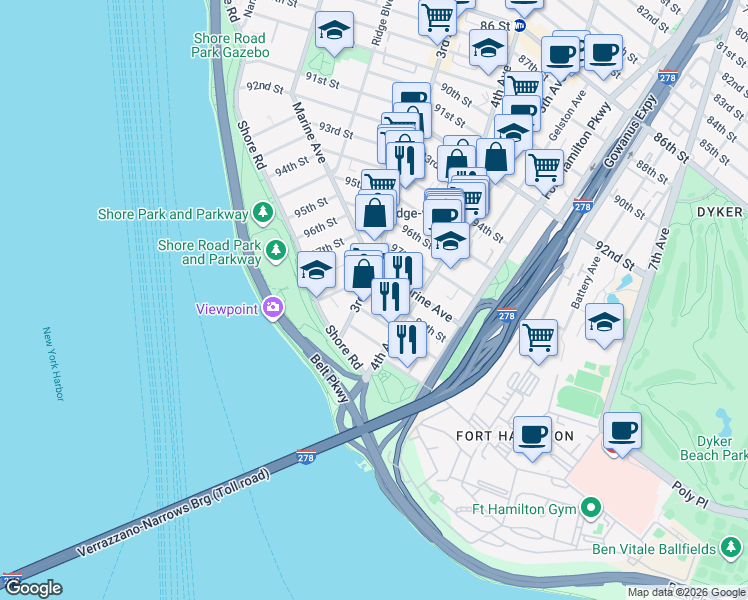 map of restaurants, bars, coffee shops, grocery stores, and more near 329 99th Street in Brooklyn