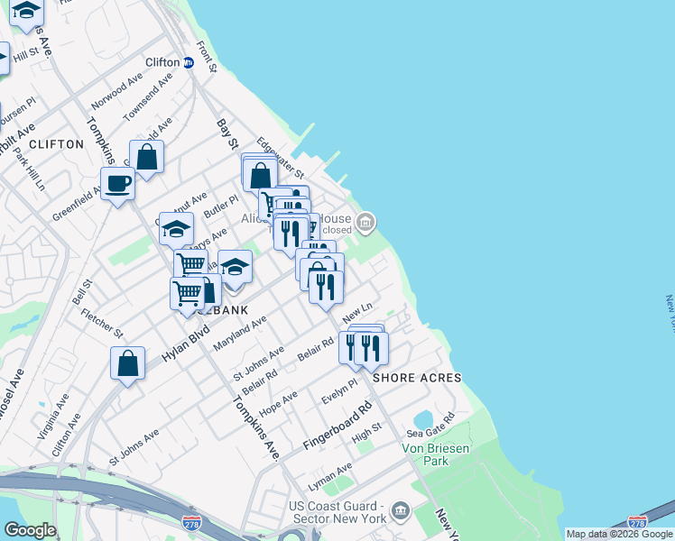 map of restaurants, bars, coffee shops, grocery stores, and more near 104 Abbott Street in Staten Island