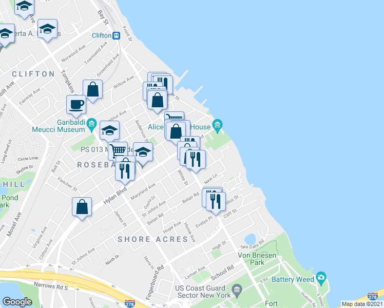 map of restaurants, bars, coffee shops, grocery stores, and more near in Staten Island