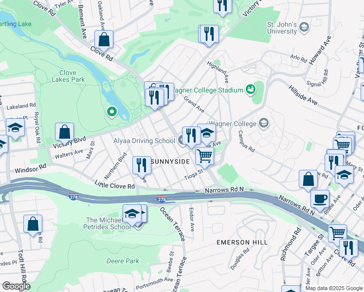 map of restaurants, bars, coffee shops, grocery stores, and more near 1372 Clove Road in Staten Island